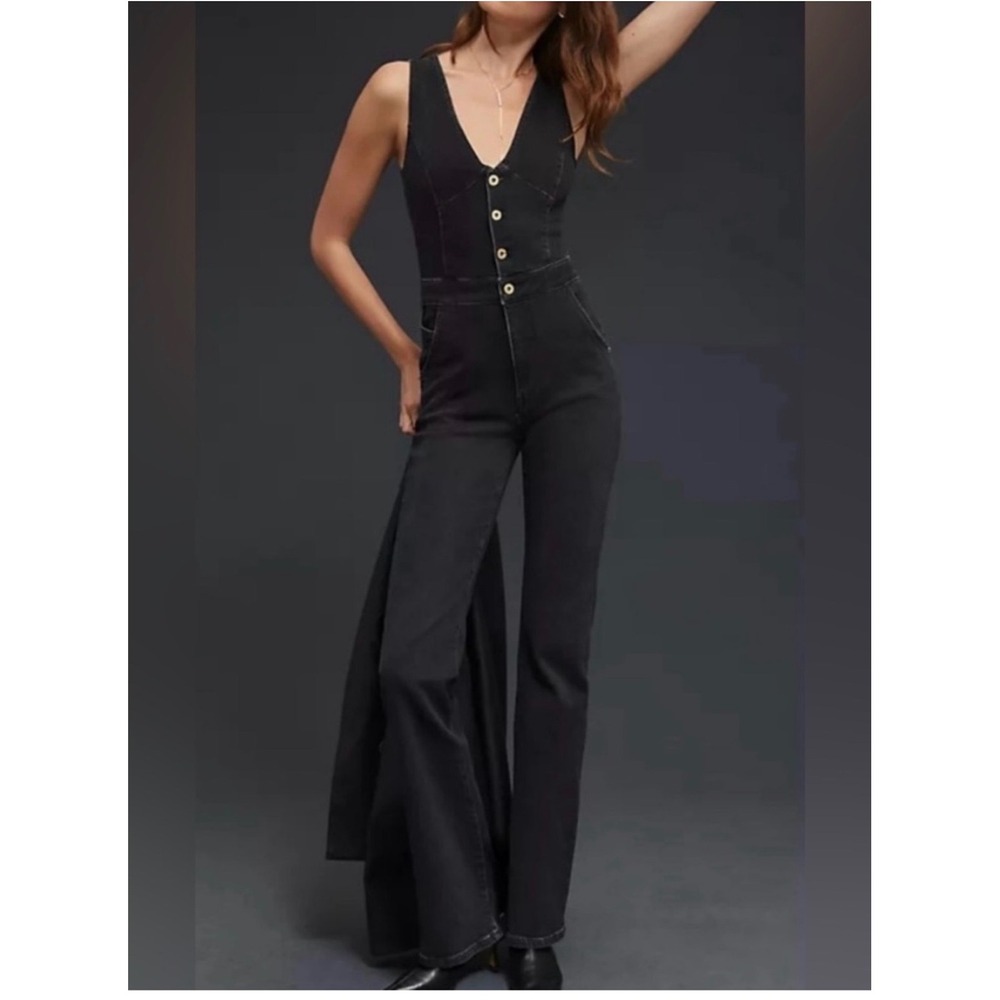 Pilcro and the Letterpress Black Denim Flare Jumpsuit V-Neck Button Front Size 6